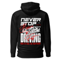 zwarte hoodie Never stop driving achterkant | black hoodie never stop driving back | ImPerfect wear