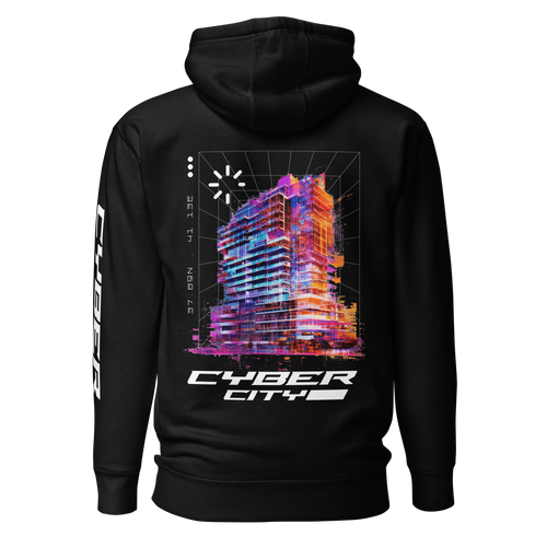 zwarte hoodie Cyber City achterkant | black hoodie Cyber City back | ImPerfect wear