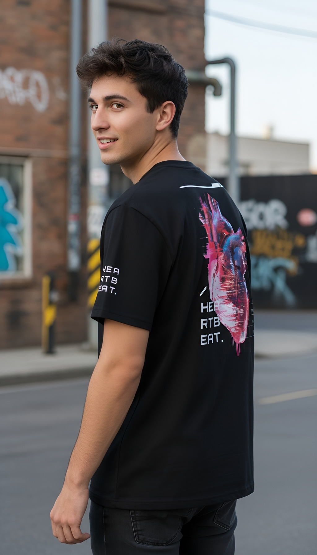 zwart T-shirt van biologisch katoen Heartbeat op model achterkant en linkerzijde | black organic cotton T-shirt Heartbeat on model back and left side | ImPerfect wear