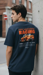 french navy T-shirt van biologisch katoen skyline op model achterkant | french navy organic cotton T-shirt skyline on model back | ImPerfect Wear