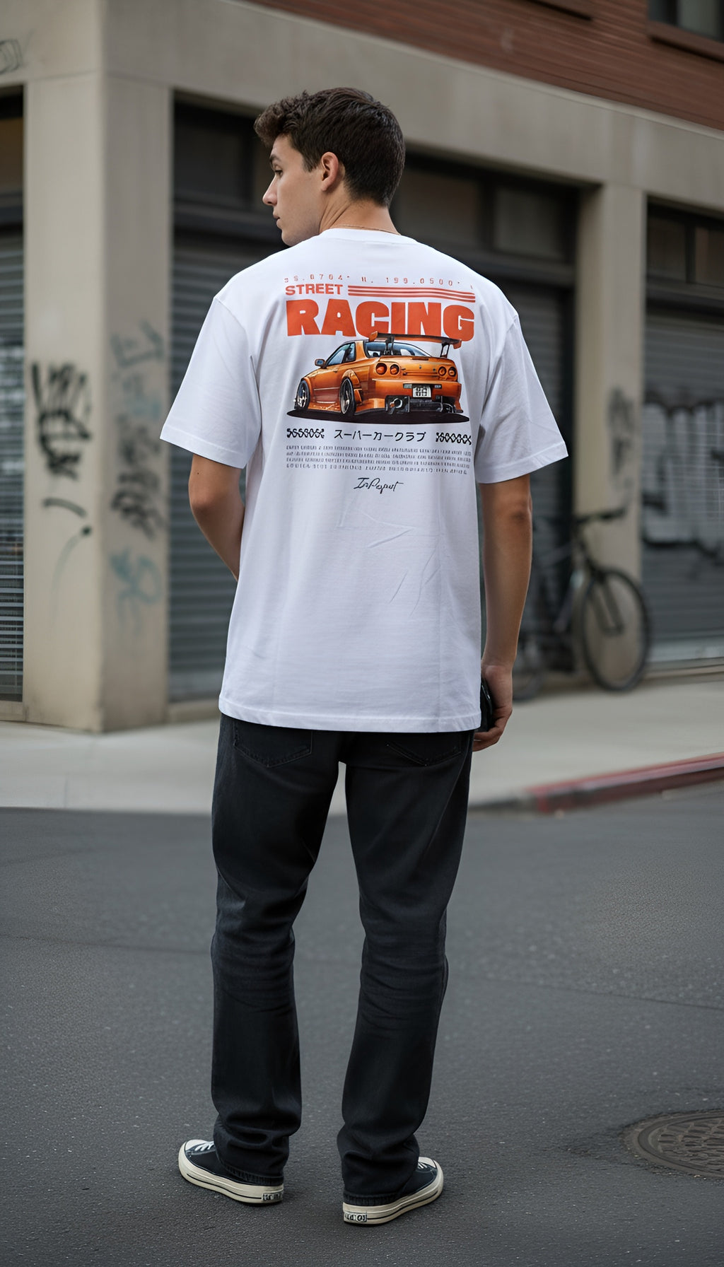 witte T-shirt van biologisch katoen skyline op model achterkant | witte organic cotton T-shirt skyline on model back | ImPerfect Wear