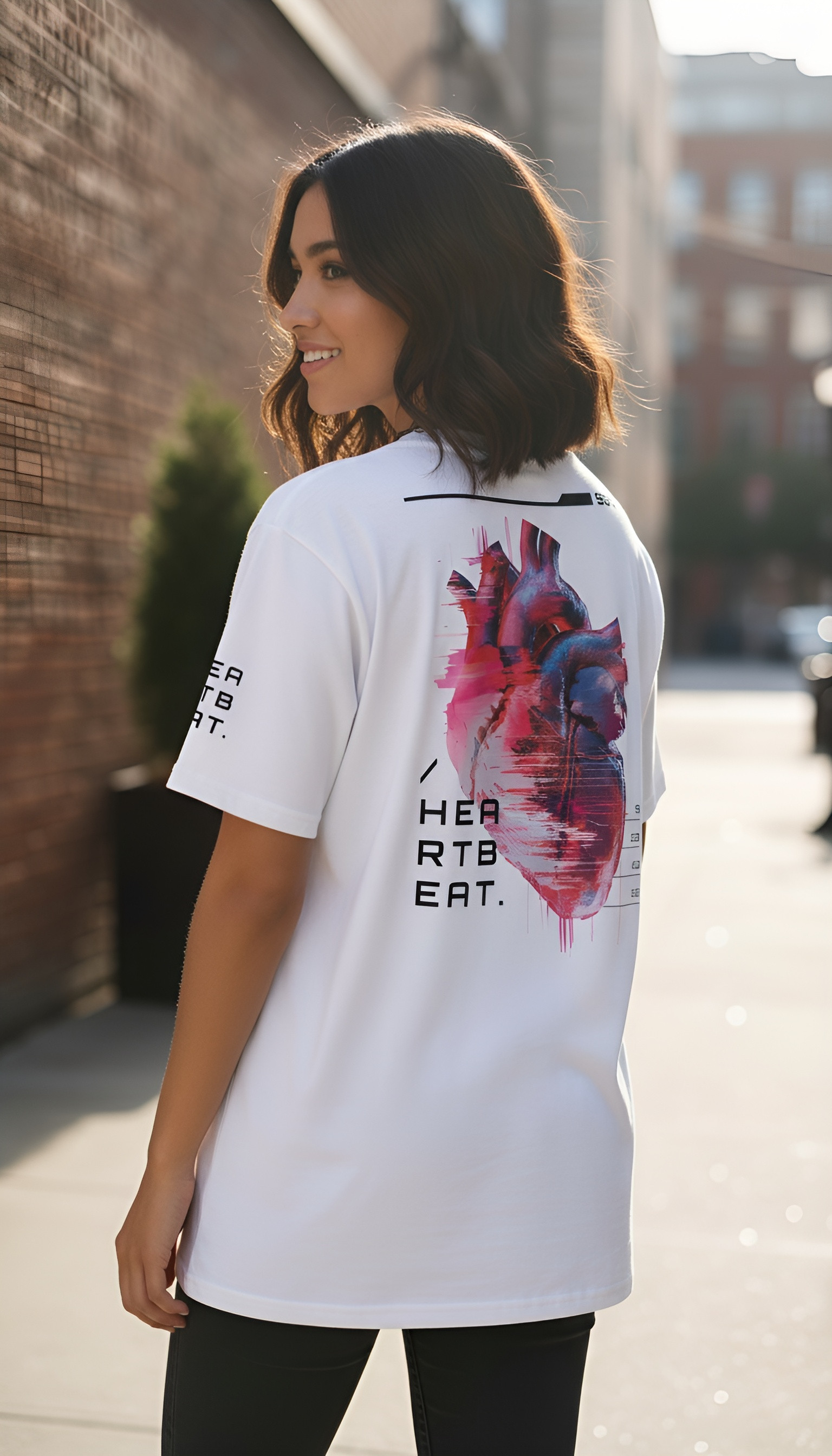 witte T-shirt van biologisch katoen Heartbeat op model achterkant en linkerzijde | white organic cotton T-shirt Heartbeat on model back and left side | ImPerfect wear