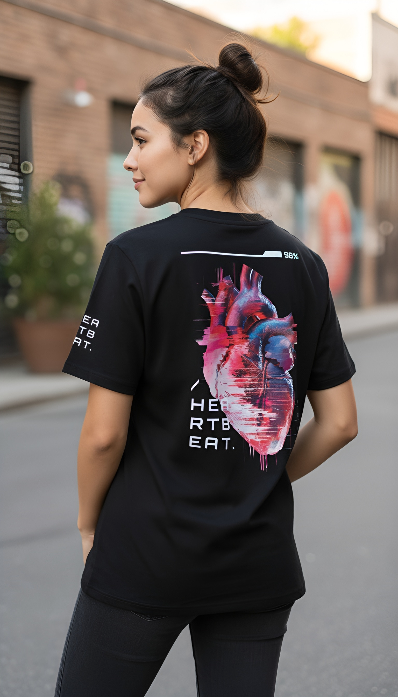 zwart T-shirt van biologisch katoen Heartbeat op model achterkant en linkerzijde | black organic cotton T-shirt Heartbeat on model back and left side | ImPerfect wear