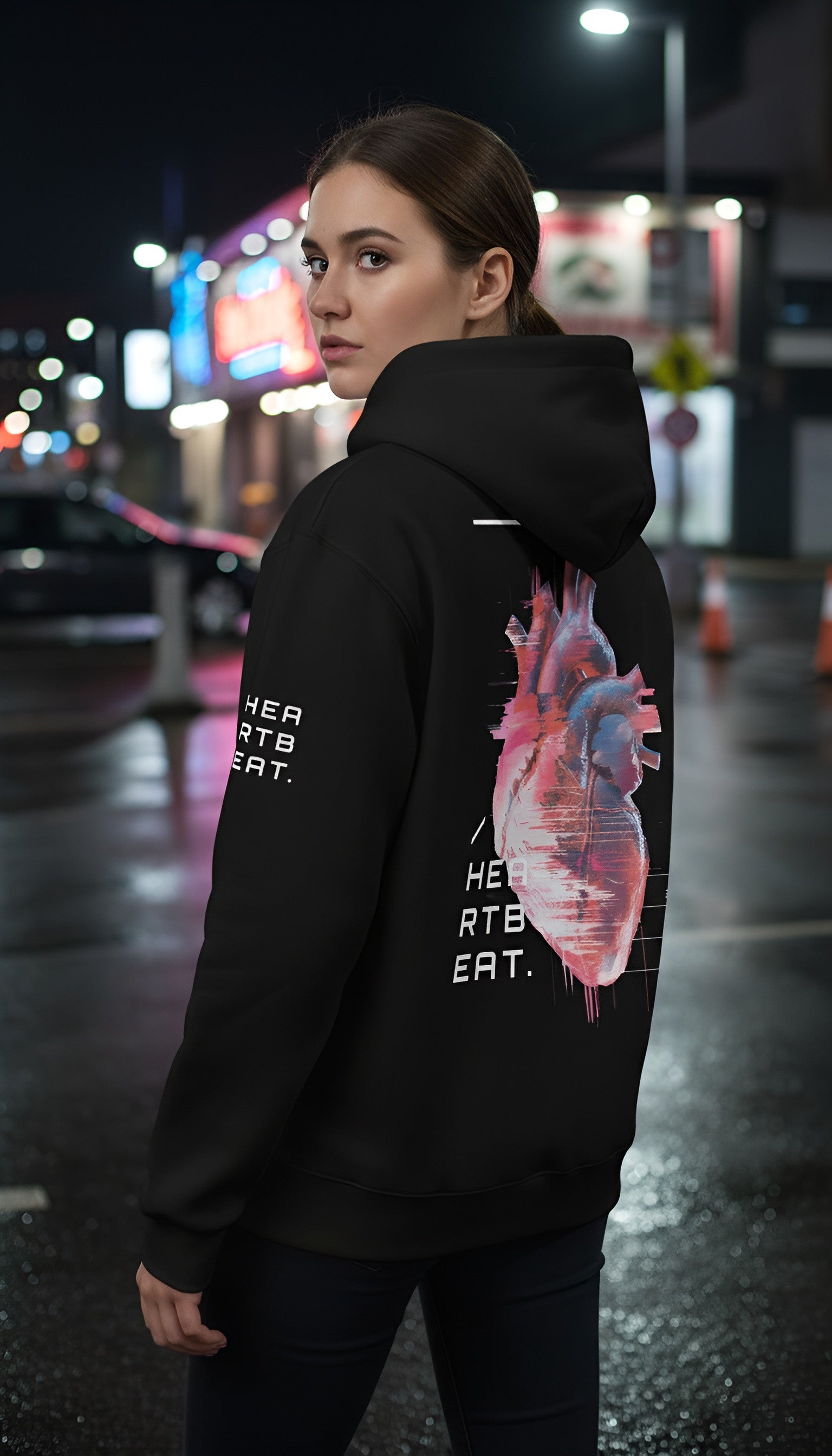 Zwart oversized hoodie Heartbeat op model achterkant en linkerzijde | Black oversized hoodie Heartbeat on model back and left side | ImPerfect wear
