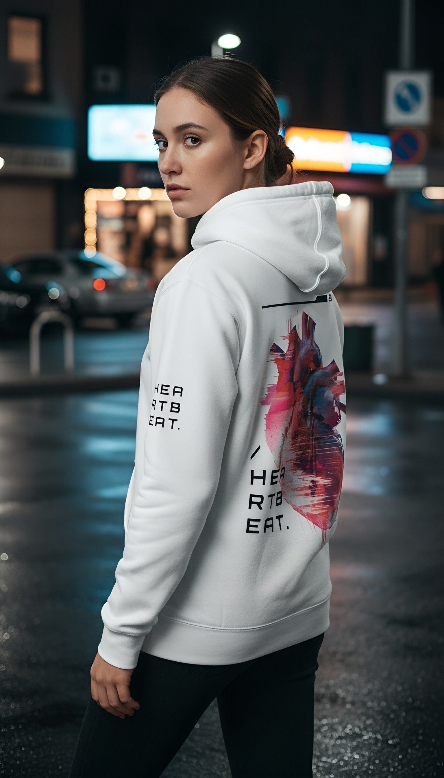 witte hoodie Heartbeat op model achterkant en linkerzijde | white hoodie Heartbeat on model back and left side | ImPerfect wear