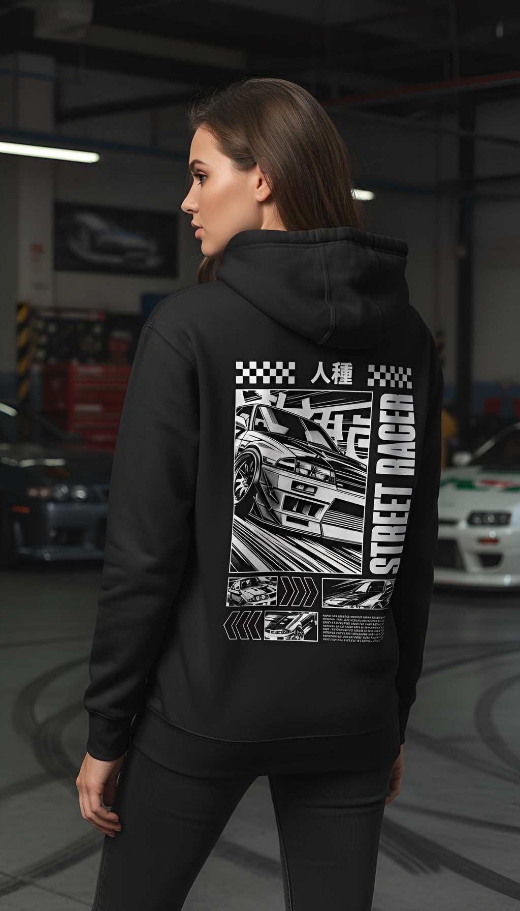 zwart hoodie Street Racer op model achterkant en linkerzijde | black hoodie Street racer on model back and left side | ImPerfect wear