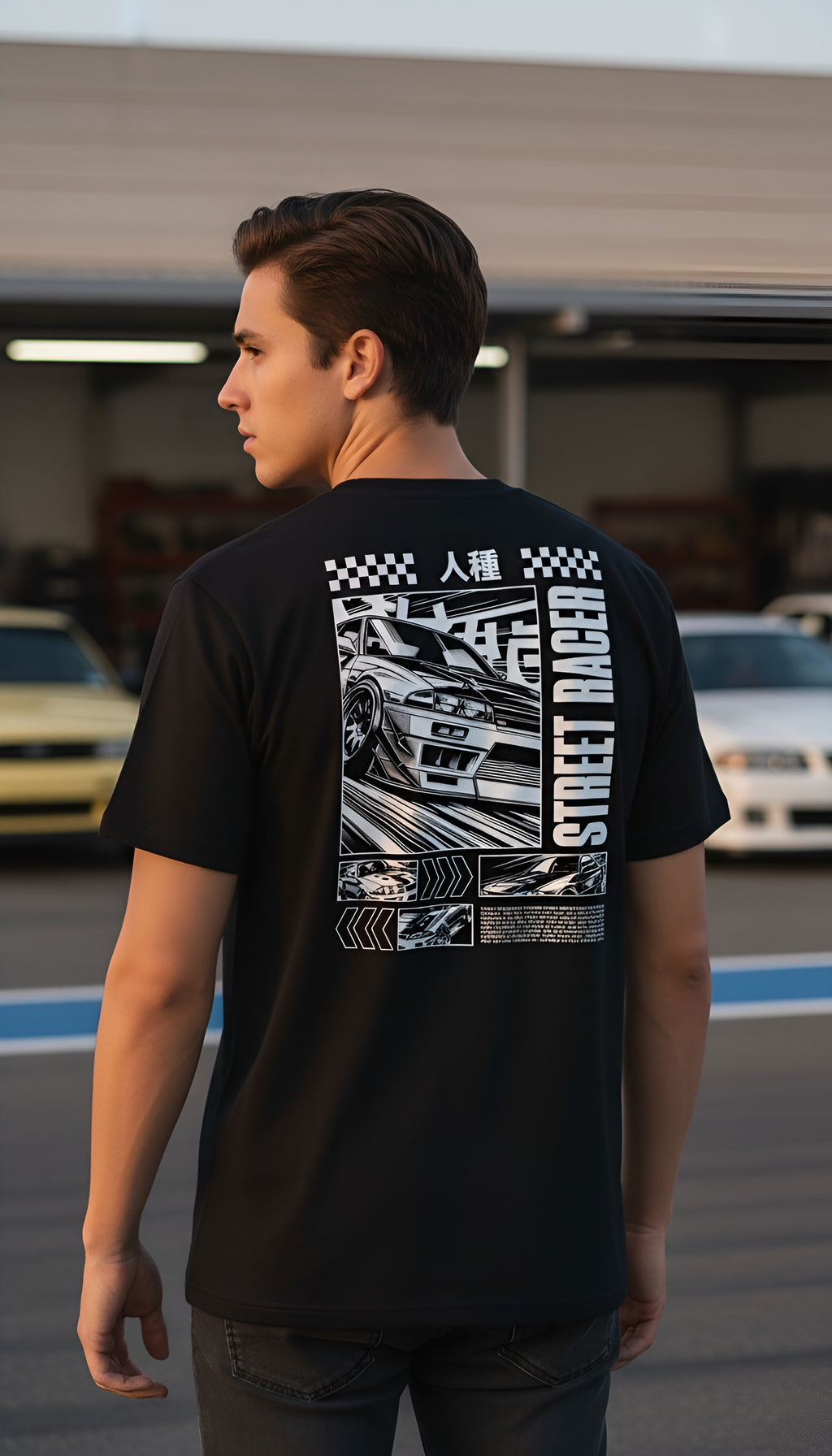 Zwart T-shirt van biologisch katoen Street Racer op model achterkant | Black organic cotton T-shirt Street Racer on model back | ImPerfect wear