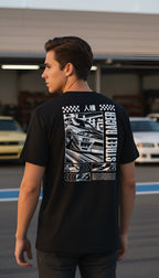 Zwart T-shirt van biologisch katoen Street Racer op model achterkant | Black organic cotton T-shirt Street Racer on model back | ImPerfect wear