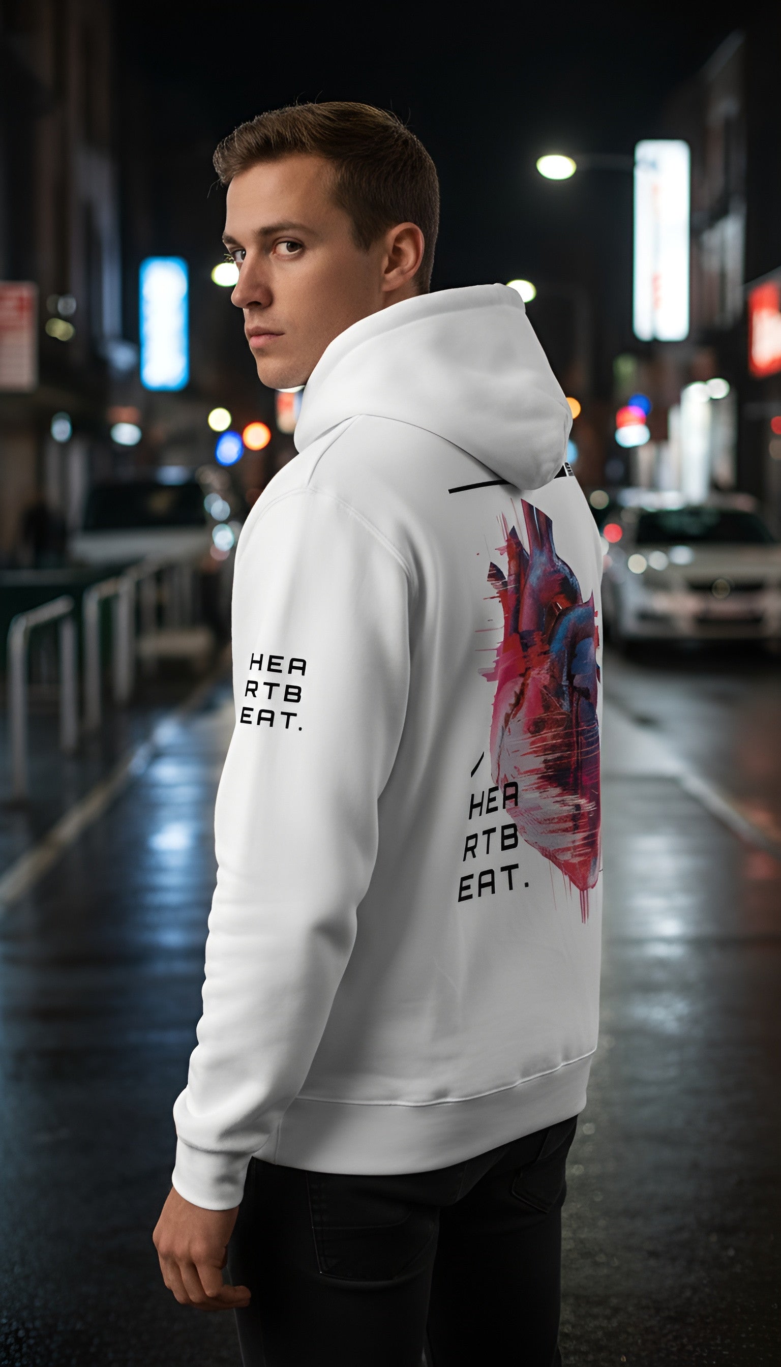 witte oversized hoodie Heartbeat op model achterkant en linkerzijde | witte oversized hoodie Heartbeat on model back and left side | ImPerfect wear
