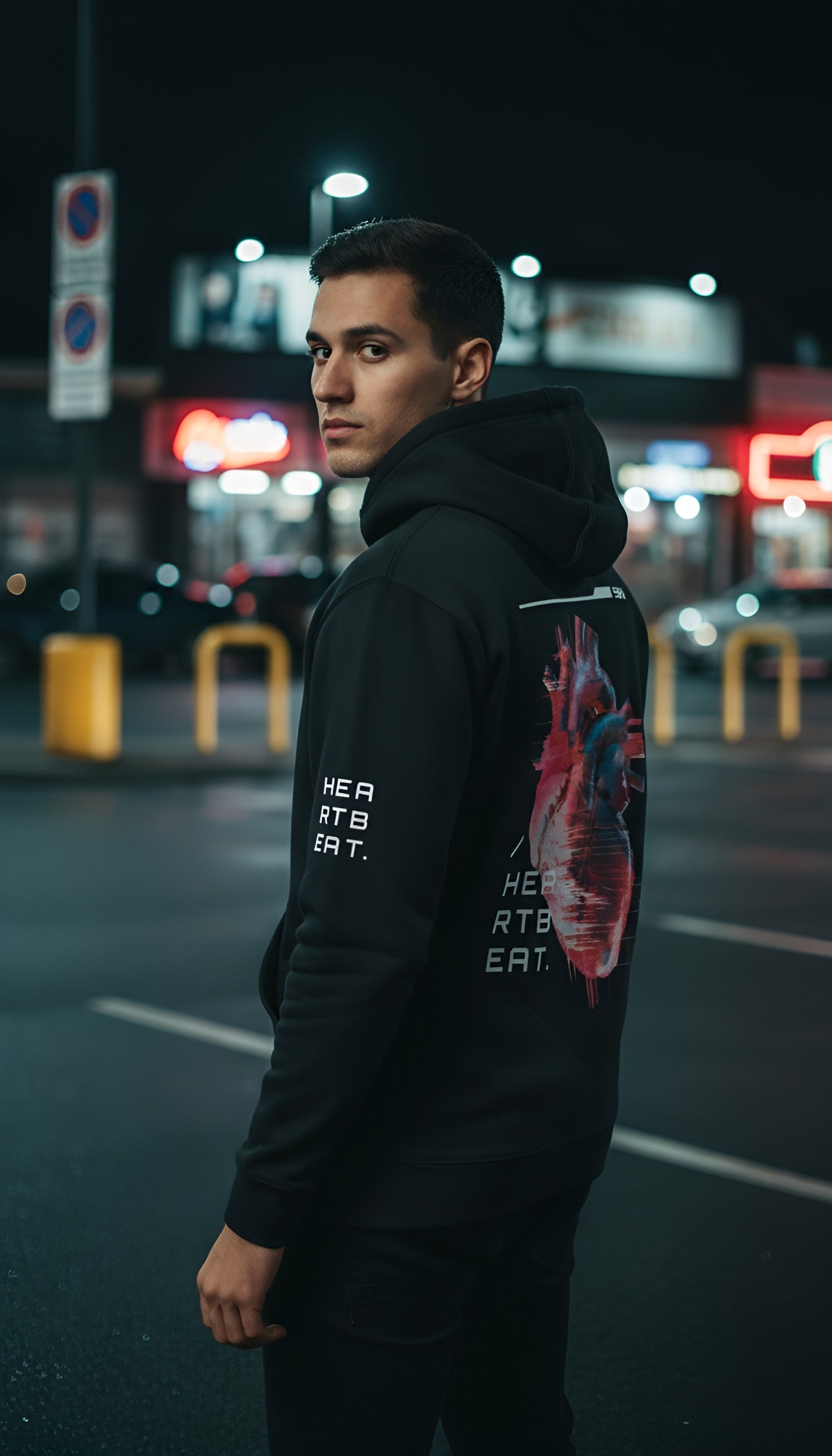 zwart hoodie Heartbeat op model achterkant en linkerzijde | black hoodie Heartbeat on model back and left side | ImPerfect wear