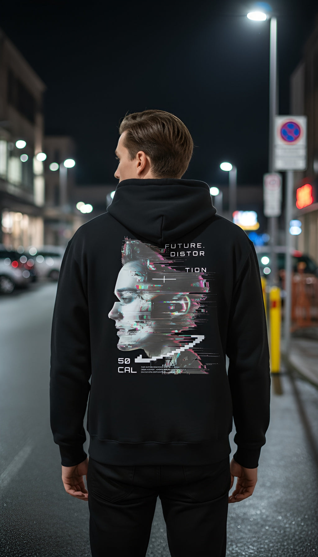 zwart oversized hoodie Distortion op model achterkant | zwart oversized hoodie Distortion on model back | ImPerfect wear