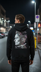 zwart oversized hoodie Distortion op model achterkant | zwart oversized hoodie Distortion on model back | ImPerfect wear