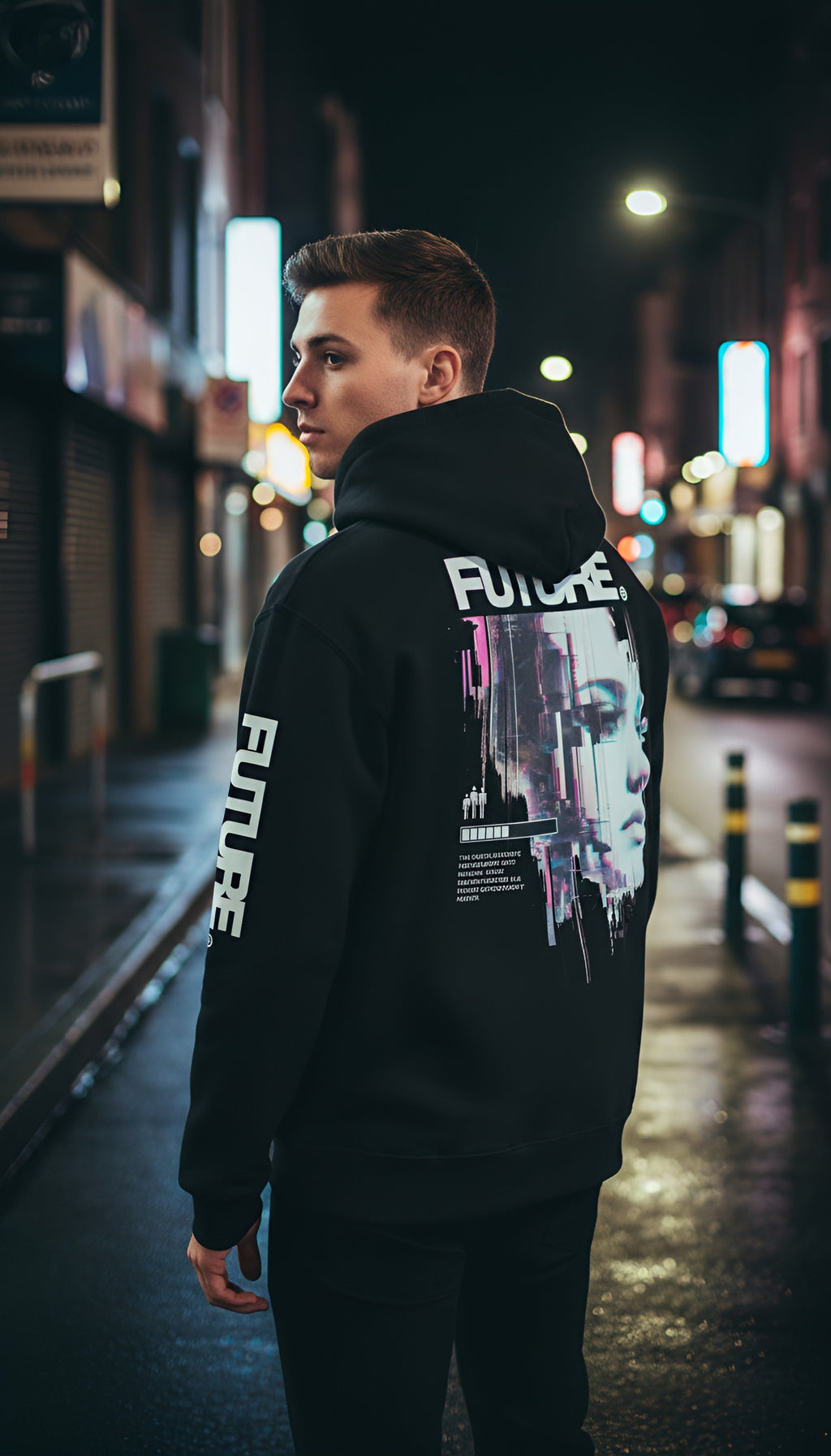 zwarte oversized hoodie Future op model achterkant en linkerzijde | black oversized hoodie Future on model back and left side | ImPerfect wear