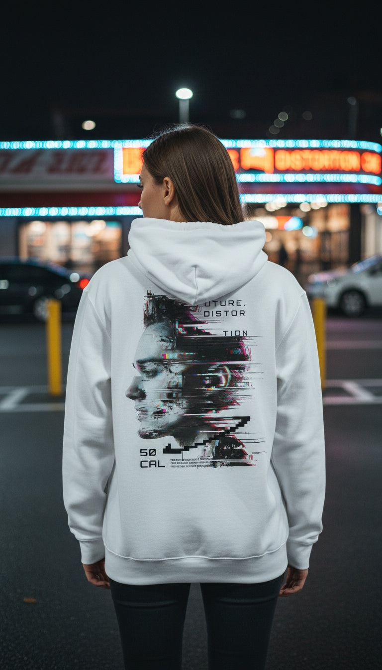 witte oversized hoodie Distortion op model achterkant | witte oversized hoodie Distortion on model back | ImPerfect wear