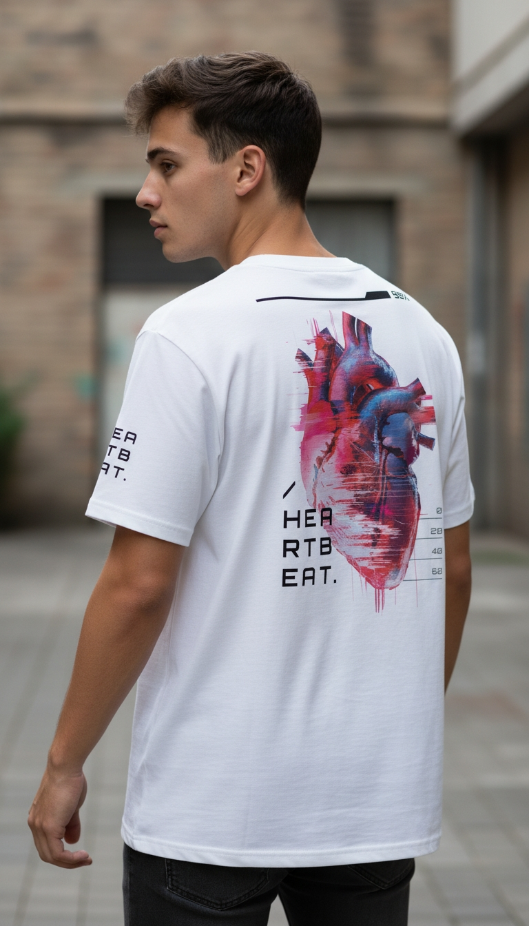 witte T-shirt van biologisch katoen Heartbeat op model achterkant en linkerzijde | witte organic cotton T-shirt Heartbeat on model back and left side | ImPerfect wear