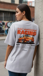 lavender T-shirt van biologisch katoen skyline op model achterkant | lavender organic cotton T-shirt skyline on model back | ImPerfect Wear