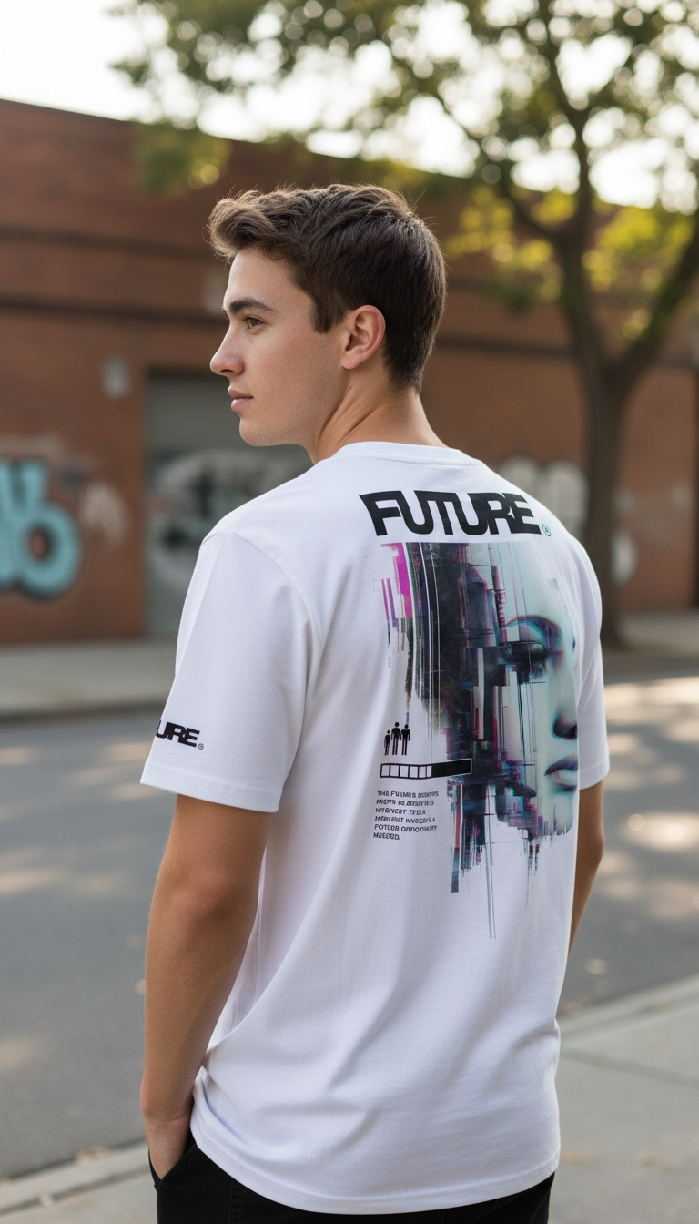 witte T-shirt van biologisch katoen Future op model achterkant en linkerzijde | white organic cotton T-shirt Future on model back and left side | ImPerfect wear