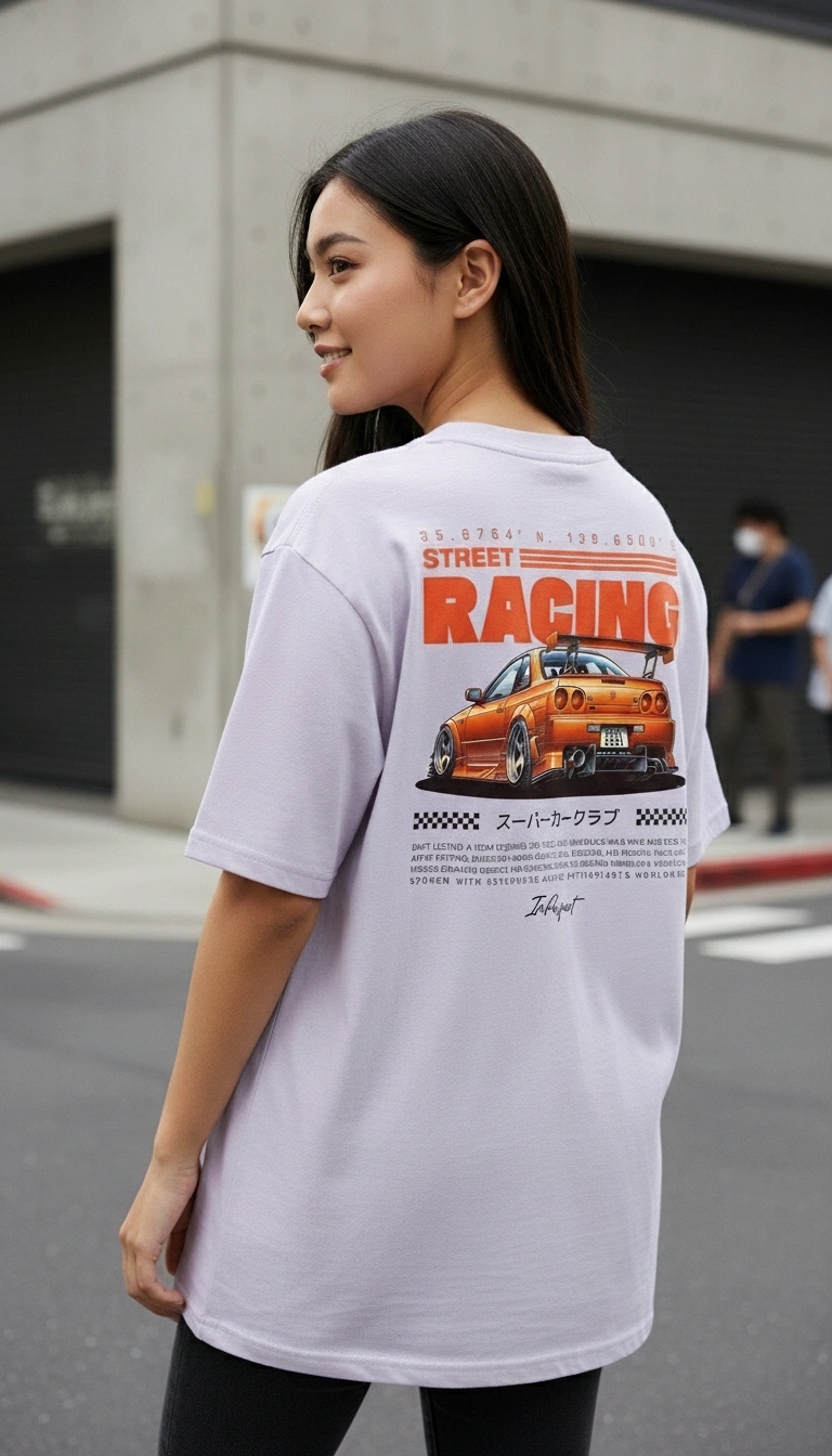 lavender T-shirt van biologisch katoen skyline op model achterkant | lavender organic cotton T-shirt skyline on model back | ImPerfect Wear