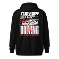 zwarte Hoodie met rits never stop driving achterkant | black Zip-up hoodie never stop driving back | ImPerfect wear