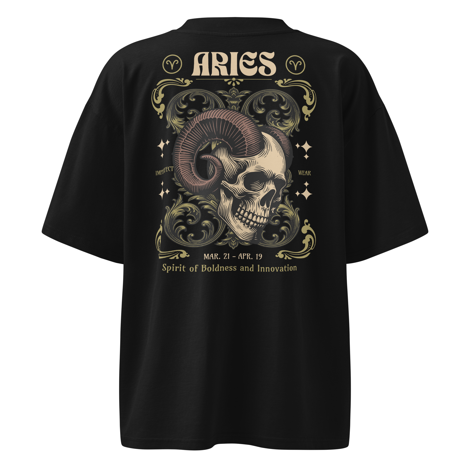 zwart limited oversized eco cotton t-shirt sterrenbeeld Ram achterkant | black limited oversized eco cotton t-shirt zodiac aries back | ImPerfect wear