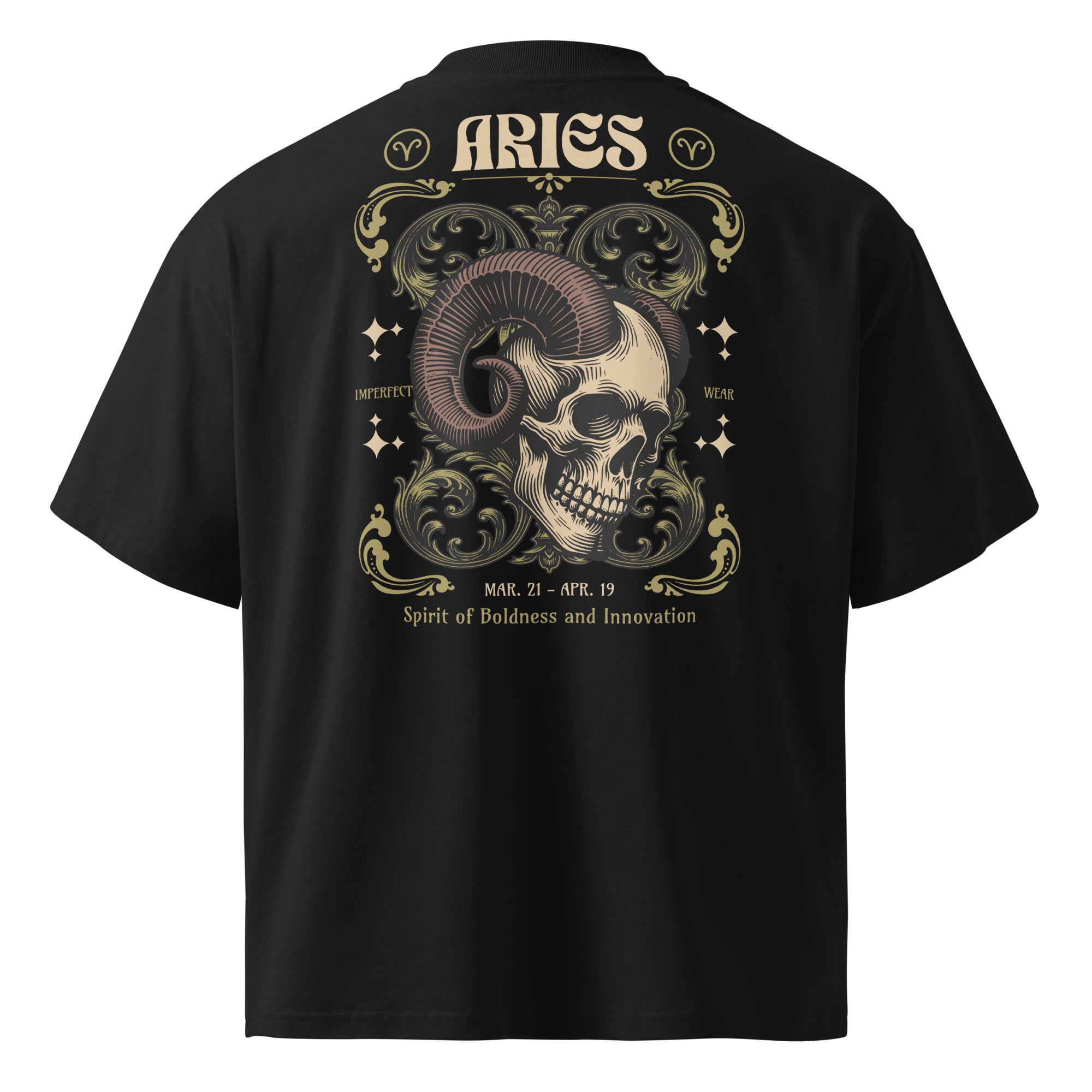 zwart limited oversized eco cotton t-shirt sterrenbeeld Ram achterkant | black limited oversized eco cotton t-shirt zodiac aries back | ImPerfect wear