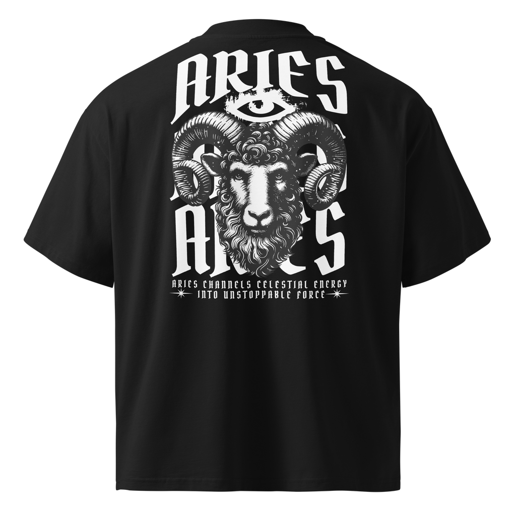 zwart limited oversized eco cotton t-shirt sterrenbeeld Ram achterkant | black limited oversized eco cotton t-shirt zodiac aries back | ImPerfect wear