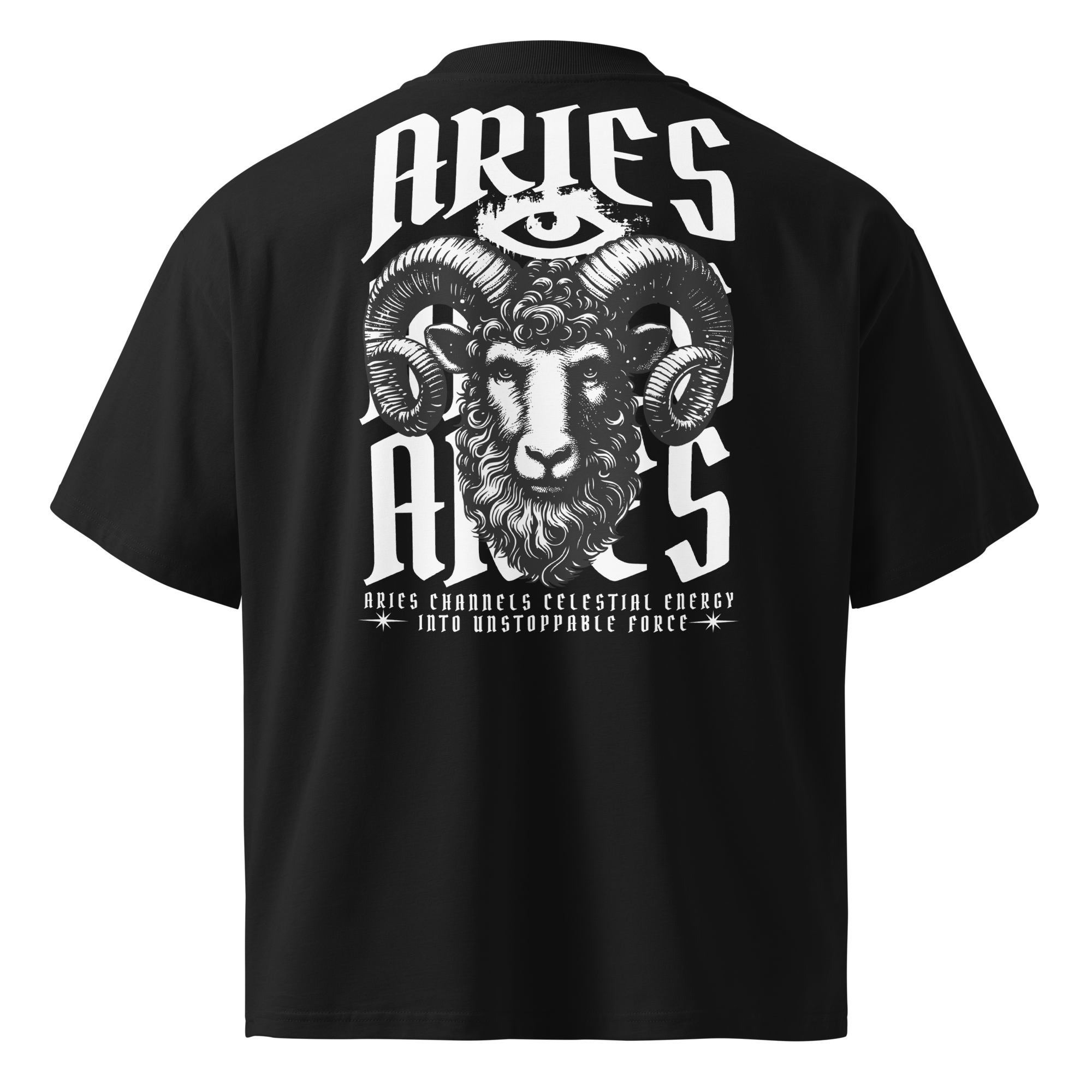 zwart limited oversized eco cotton t-shirt sterrenbeeld Ram achterkant | black limited oversized eco cotton t-shirt zodiac aries back | ImPerfect wear