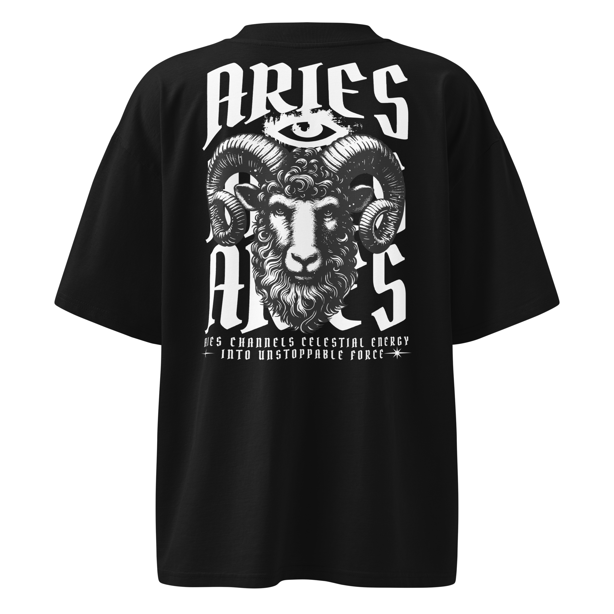 zwart limited oversized eco cotton t-shirt sterrenbeeld Ram achterkant | black limited oversized eco cotton t-shirt zodiac aries back | ImPerfect wear
