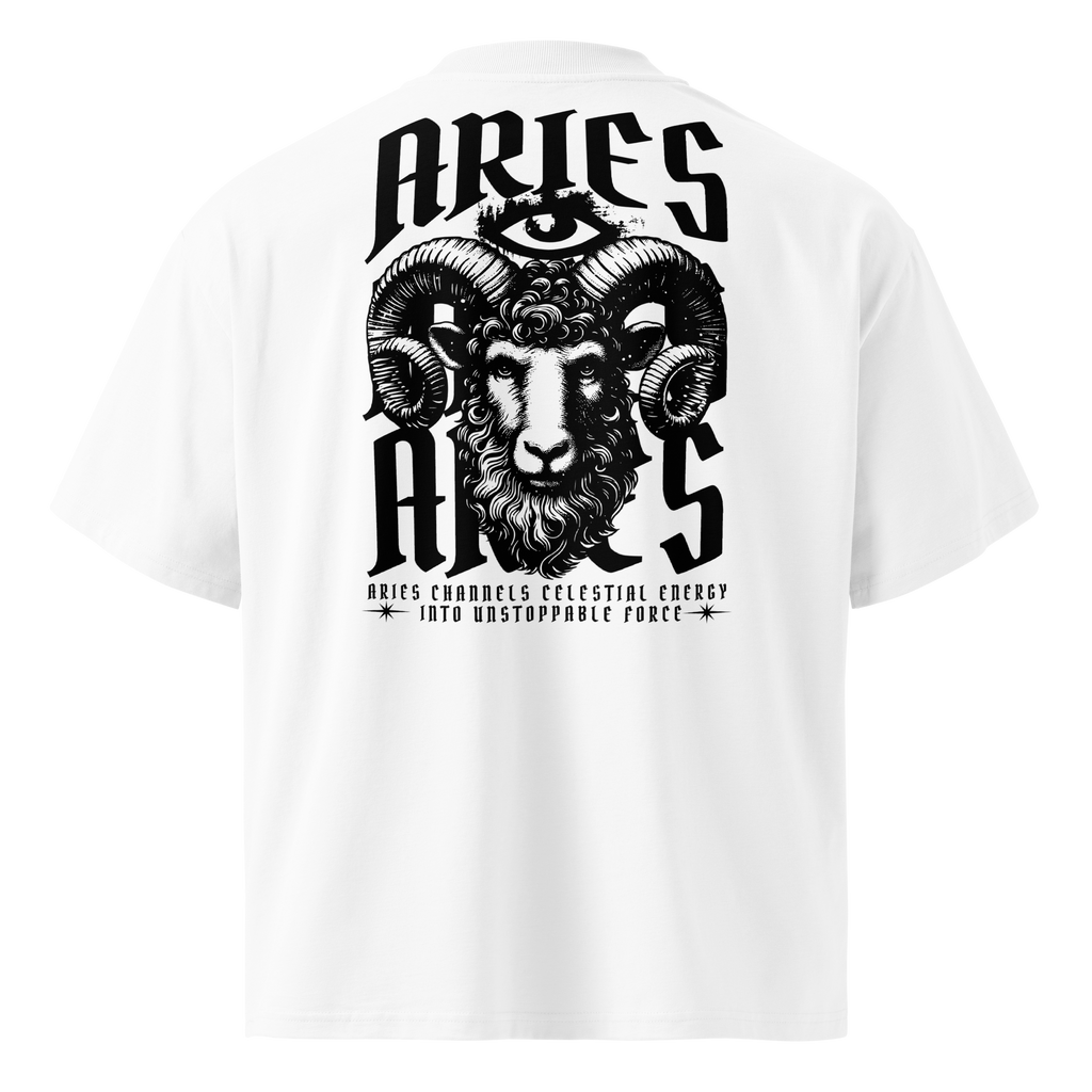 witte limited oversized eco cotton t-shirt sterrenbeeld Ram achterkant | white limited oversized eco cotton t-shirt zodiac aries back | ImPerfect wear