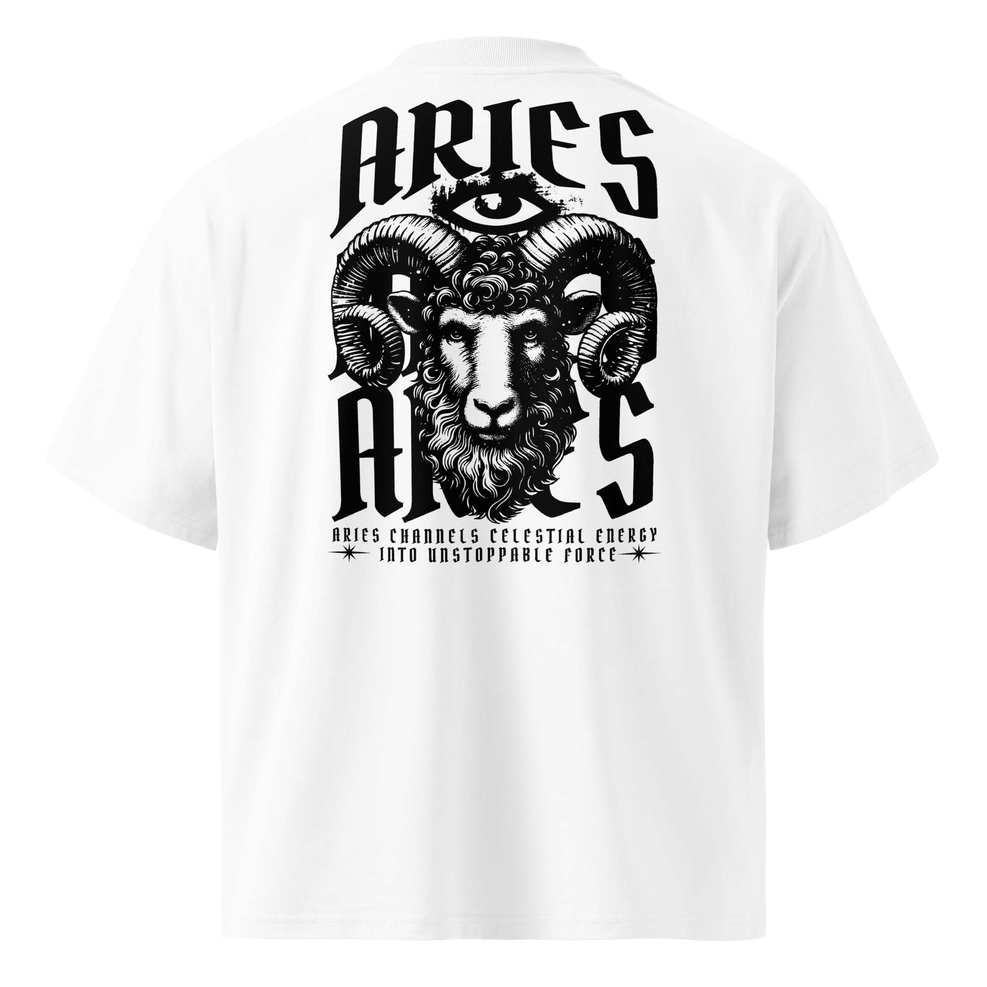 witte limited oversized eco cotton t-shirt sterrenbeeld Ram achterkant | white limited oversized eco cotton t-shirt zodiac aries back | ImPerfect wear