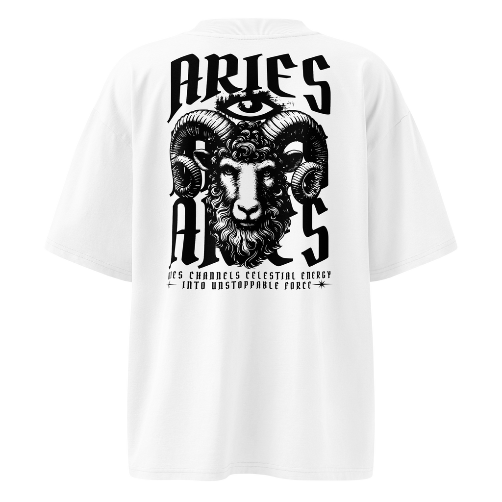 witte limited oversized eco cotton t-shirt sterrenbeeld Ram achterkant | white limited oversized eco cotton t-shirt zodiac aries back | ImPerfect wear