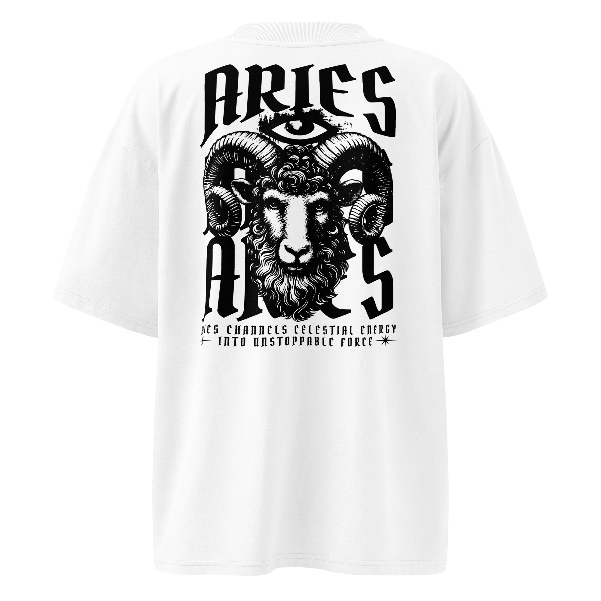 witte limited oversized eco cotton t-shirt sterrenbeeld Ram achterkant | white limited oversized eco cotton t-shirt zodiac aries back | ImPerfect wear