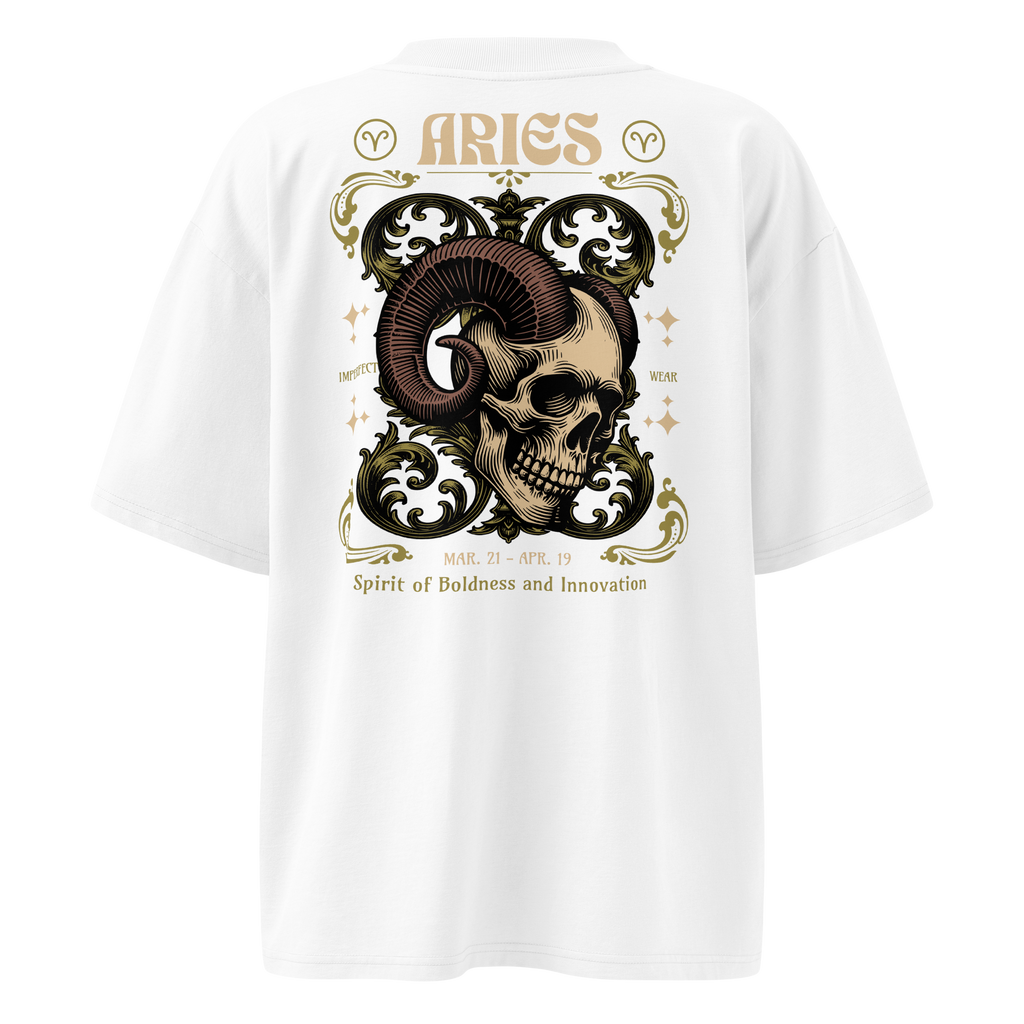 witte limited oversized eco cotton t-shirt sterrenbeeld Ram achterkant | white limited oversized eco cotton t-shirt zodiac aries back | ImPerfect wear