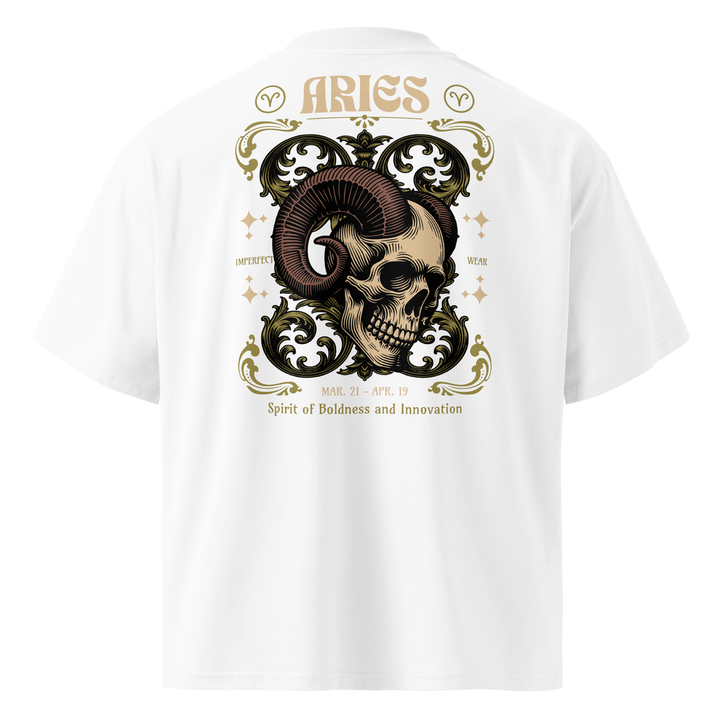 witte limited oversized eco cotton t-shirt sterrenbeeld Ram achterkant | white limited oversized eco cotton t-shirt zodiac aries back | ImPerfect wear