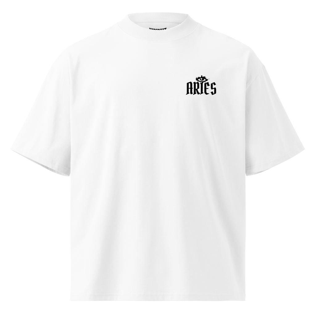 witte limited oversized eco cotton t-shirt sterrenbeeld Ram voorkant | white limited oversized eco cotton t-shirt zodiac aries front | ImPerfect wear