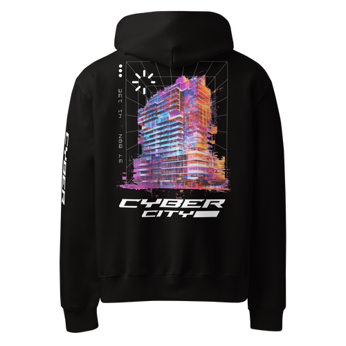 zwarte oversized hoodie Cyber City achterkant | black oversized hoodie Cyber City back | ImPerfect wear